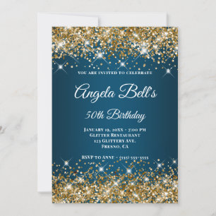 Gold Glitter Ocean Blue Ombre Fancy Monogram Kaart