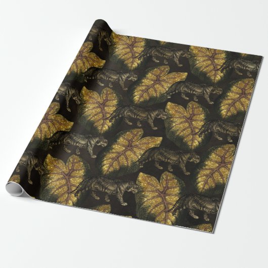 Gold Glitter Oerwoud Tiger Pattern Cadeaupapier (Uitgerold)