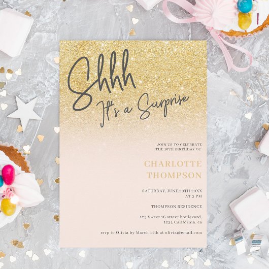 Gold glitter ombre roze fotoverrassing Sweet 16 Kaart