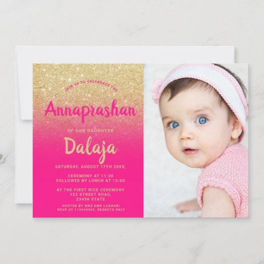 Gold glitter ombre roze script foto Annaprashan Kaart (Voorkant)