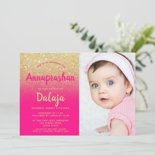 Gold glitter ombre roze script foto Annaprashan Kaart (Staand voorkant)