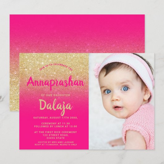 Gold glitter ombre roze script foto Annaprashan Kaart (Voorkant / Achterkant)