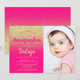 Gold glitter ombre roze script foto Annaprashan Kaart