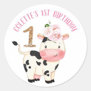 Gold Glitter One Koe Moos First Birthday Ronde Sticker