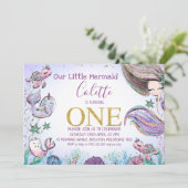 Gold Glitter One Mermaid 1e verjaardag Uitnodiging (Staand voorkant)