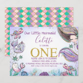 Gold Glitter One Mermaid 1e verjaardag Uitnodiging (Voorkant / Achterkant)