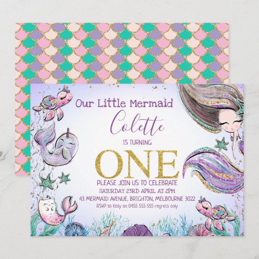Gold Glitter One Mermaid 1e verjaardag Uitnodiging (Voorkant / Achterkant)