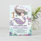 Gold Glitter One Paarse Mermaid 1e verjaardag Kaart (Staand voorkant)