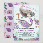 Gold Glitter One Paarse Mermaid 1e verjaardag Kaart (Voorkant / Achterkant)