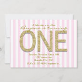 GOLD GLITTER ONE Pink Stripe 1e Party Uitnodiginge Kaart (Voorkant)