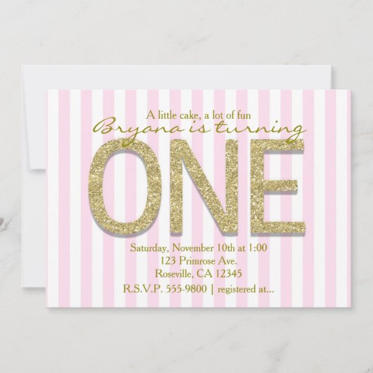 GOLD GLITTER ONE Pink Stripe 1e Party Uitnodiginge Kaart (Voorkant)