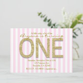 GOLD GLITTER ONE Pink Stripe 1e Party Uitnodiginge Kaart (Staand voorkant)