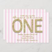GOLD GLITTER ONE Pink Stripe 1e Party Uitnodiginge Kaart (Voorkant / Achterkant)