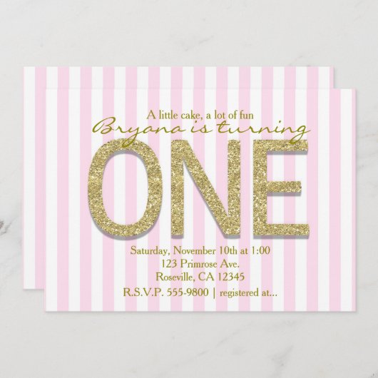 GOLD GLITTER ONE Pink Stripe 1e Party Uitnodiginge Kaart (Voorkant / Achterkant)