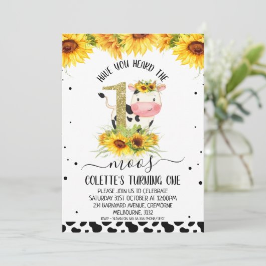 Gold Glitter One Sunflower Koe print 1 geboortedag Kaart (Staand voorkant)