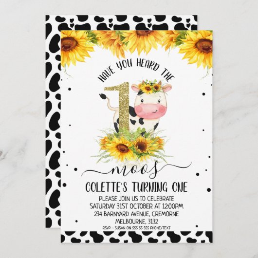 Gold Glitter One Sunflower Koe print 1 geboortedag Kaart (Voorkant / Achterkant)