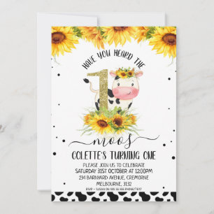 Gold Glitter One Sunflower Koe print 1 geboortedag Kaart