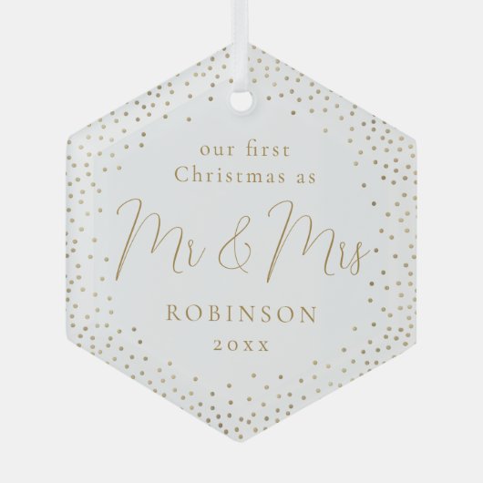 Gold Glitter Ons eerste kerstfeest Mr & Mrs Script Glas Ornament (Voorkant)