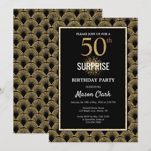 Gold Glitter op Black Surprise 50th Birthday Kaart (Voorkant / Achterkant)