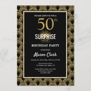 Gold Glitter op Black Surprise 50th Birthday Kaart