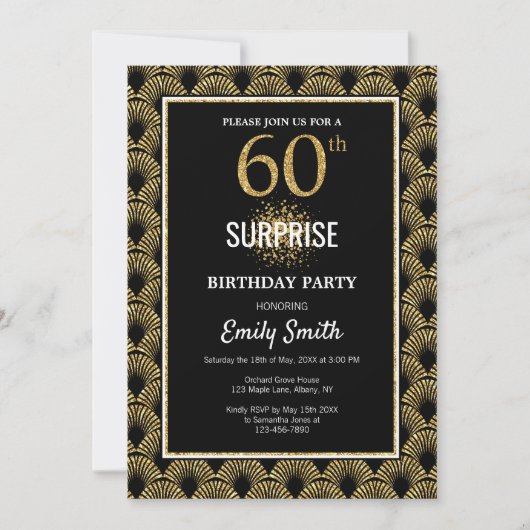 Gold Glitter op Black Surprise 60th Birthday Kaart (Voorkant)
