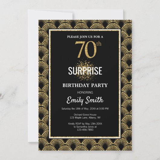 Gold Glitter op Black Surprise 70th Birthday Kaart (Voorkant)