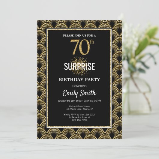 Gold Glitter op Black Surprise 70th Birthday Kaart (Staand voorkant)