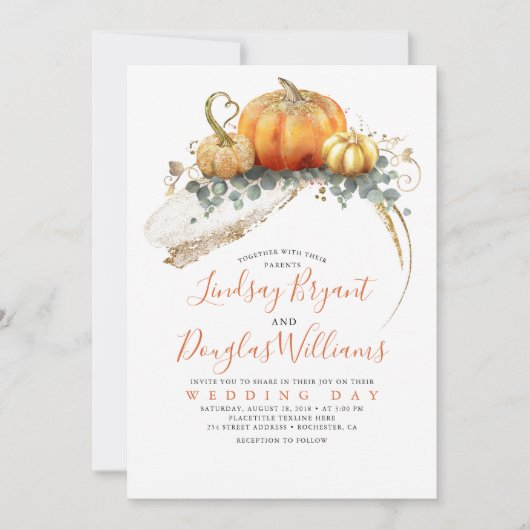 Gold Glitter Oranje Pumpkins Elegant Fall Wedding Kaart (Voorkant)