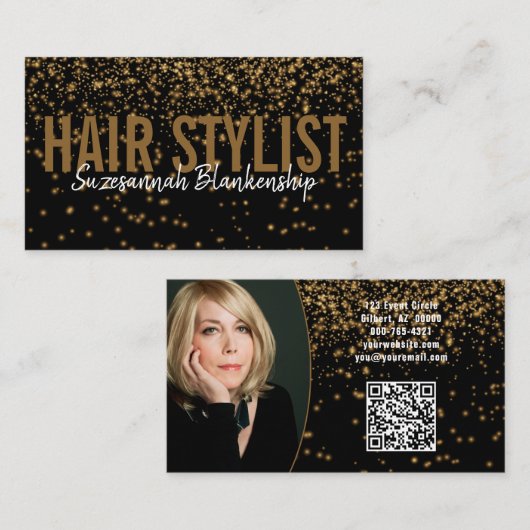 Gold Glitter Over Black Custom Photo QR Code Visitekaartje (Voorkant / Achterkant)