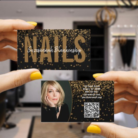 Gold Glitter Over Black Custom Photo QR Code Visitekaartje