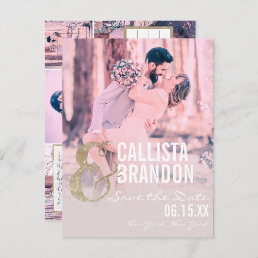 Gold Glitter Paar Fotocollage Opslaan van de Datum Aankondigingskaart (Voorkant / Achterkant)