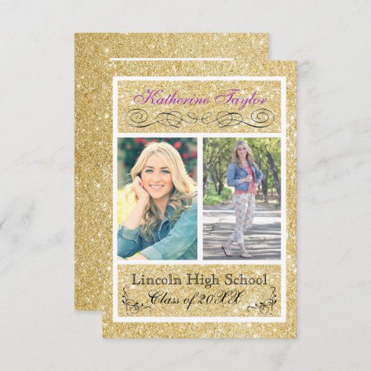 Gold Glitter Paars 3x5 Afstudeerder Aankondiging (Voorkant / Achterkant)
