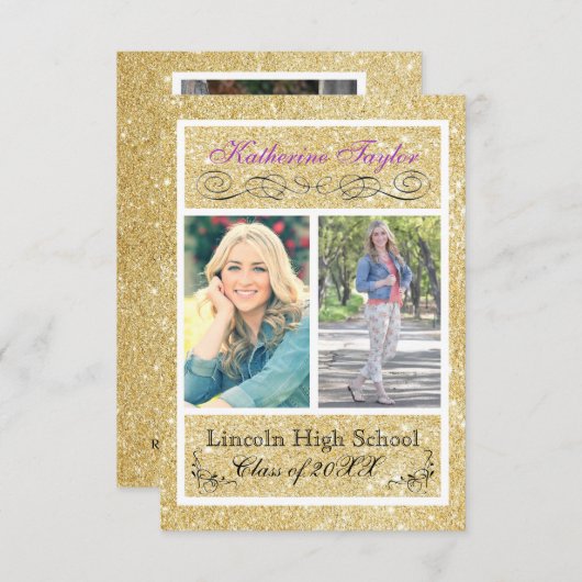 Gold Glitter Paars 3x5 Afstudeerder Aankondiging (Voorkant / Achterkant)