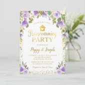 Gold Glitter Paarse Floral Housewarming Invitation Kaart (Staand voorkant)