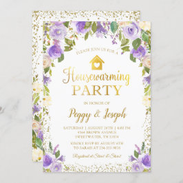 Gold Glitter Paarse Floral Housewarming Invitation Kaart