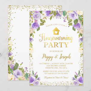 Gold Glitter Paarse Floral Housewarming Invitation Kaart
