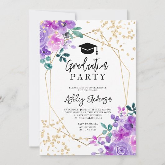 Gold glitter paarse foto afstuderen kaart (Voorkant)