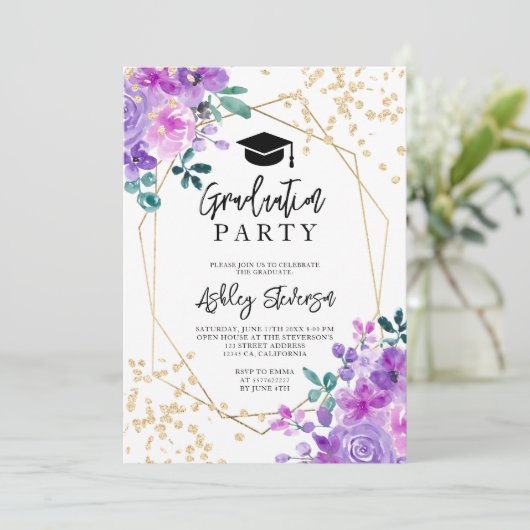 Gold glitter paarse foto afstuderen kaart (Staand voorkant)