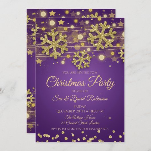 Gold Glitter Paarse kerstfeestdag Kaart (Voorkant / Achterkant)