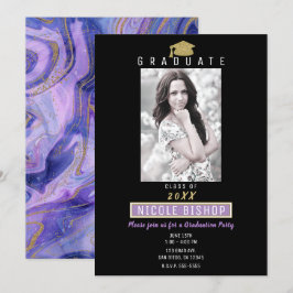 Gold Glitter Paarse Marble Glam Graduation Party Kaart