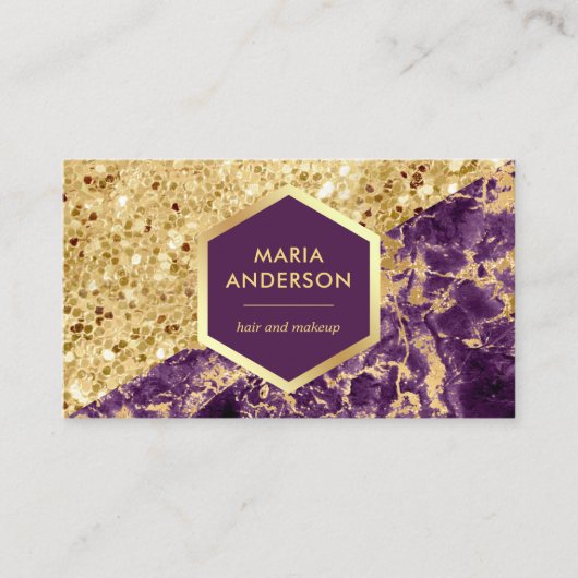 Gold Glitter Paarse Marble Makeup Artist Visitekaartje (Voorkant)