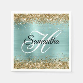Gold Glitter Pale Turquoise Foil Monogram Servet