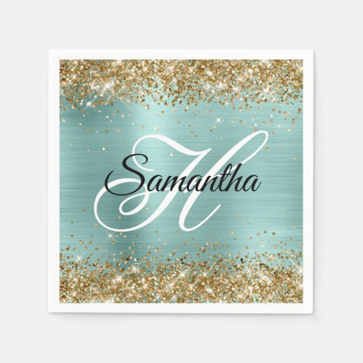 Gold Glitter Pale Turquoise Foil Monogram Servet (Voorkant)