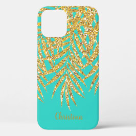 Gold Glitter Palm Frond Name Personalize Turquoise Case-Mate iPhone Case