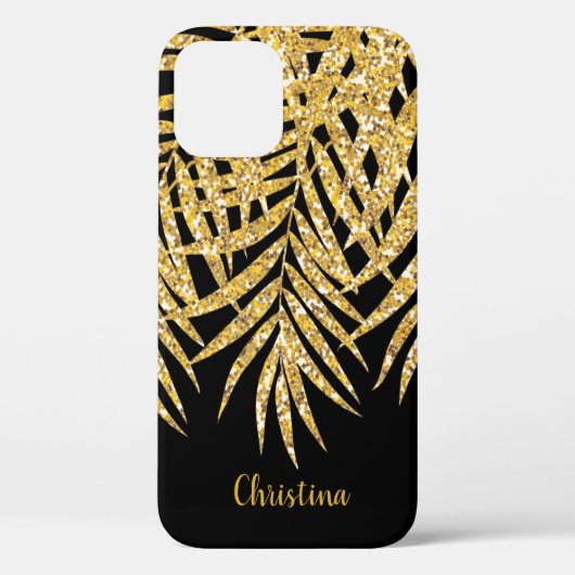 Gold Glitter Palm Fronts Name Personalized Black Case-Mate iPhone Case (Achterkant)