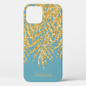 Gold Glitter Palm Fronts Name Personalized Blue Case-Mate iPhone Case (Achterkant)