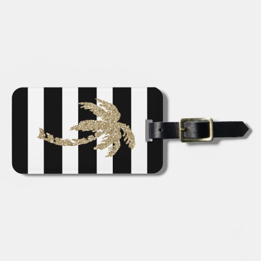 Gold Glitter Palm Tree Black/White Bagagelabel (Voorkant horizontaal)