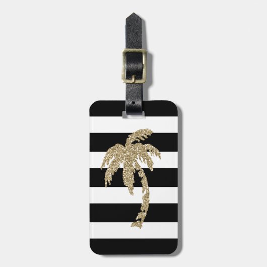 Gold Glitter Palm Tree Black/White Bagagelabel (Voorkant verticaal)