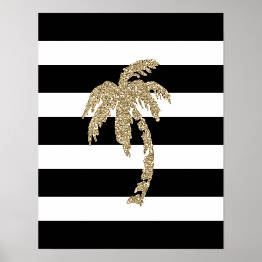 Gold Glitter Palm Tree (zwart/wit streep) Poster (Voorkant)