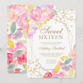Gold glitter pastel floral waterverf Sweet 16 Kaart (Voorkant / Achterkant)
